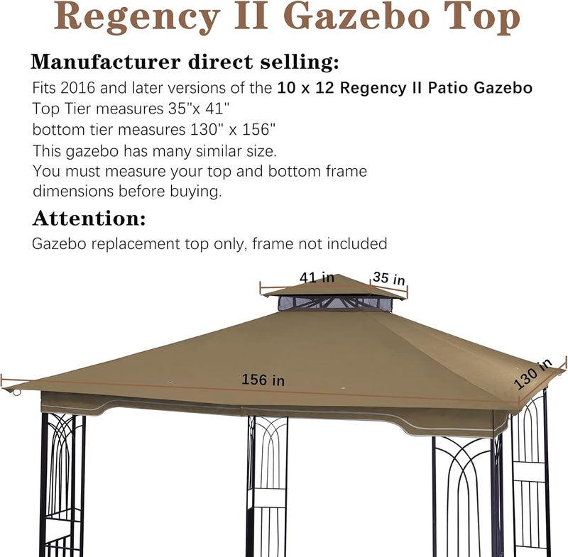 SCOCANOPY Replacement Gazebo Canopy for 10 x 12 Regency II Patio Gazebo Model L-GZ798PST,A101004104,A101004105 (Beige) - Image 3